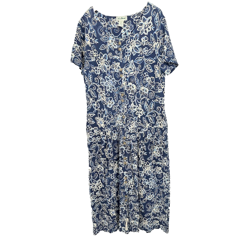 Vintage LL Bean Floral Blue Cotton Maxi Button Dress‎ Large Cottagecore Feminine